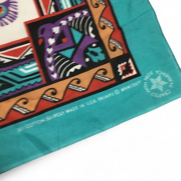 Vintage Wamcraft Scarf Kerchief Concha Thunderbird Fringe Leather RARE 22"x21.5" - Picture 7 of 8